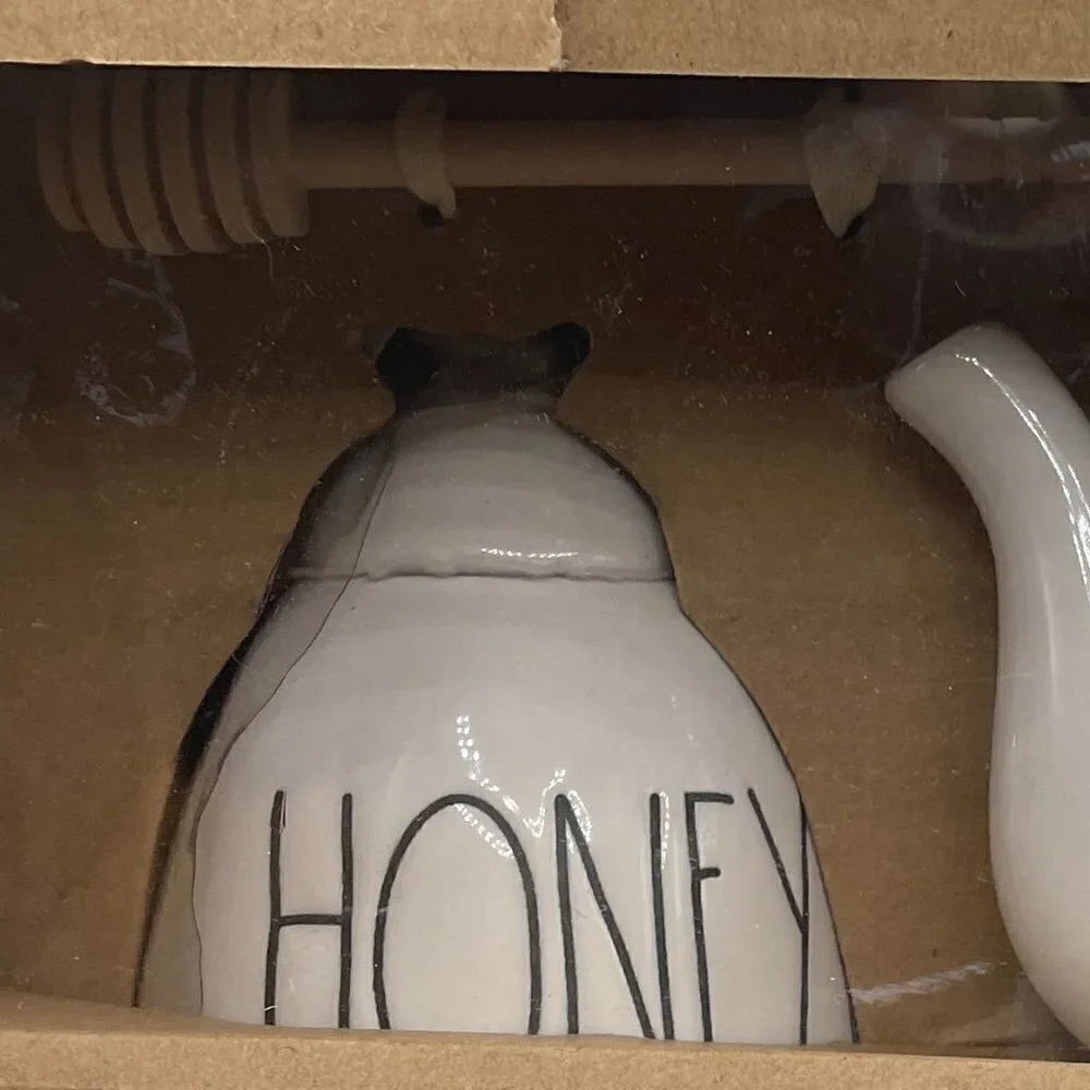 NIB Rae Dunn Honey Pot & Tea Pot Honey Dipper 3- Piece Creamware Gift Set